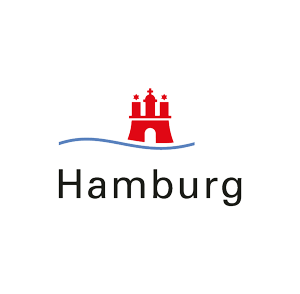 Das ist das Logo der Stadt Hamburg. Ein Logo ist ein Zeichen. Das Zeichen kennen viele Menschen. Oben ist eine rote Burg auf einer blauen Welle. Unten steht Hamburg. Die Stadt Hamburg ist ein Partnerunternehmen von SUMM.