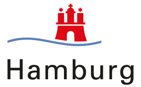 Dies ist das Logo der Stadt Hamburg. Oben ist ein rotes Schloss auf einer blauen Welle. Unten steht das Wort Hamburg.