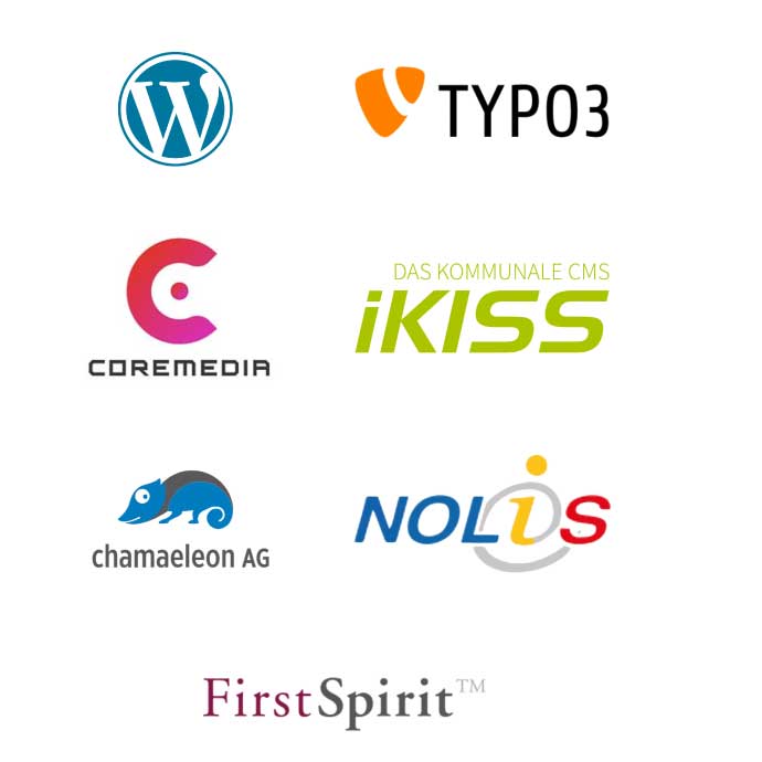 Logos von CMS Systemen für Plug-Ins Logos von 7 CMS Systemen, für die Plug-Ins möglich sind: WordPress, Coremedia, chamaelon AG, First Spirit, Typo3, iKiss und Nolis.