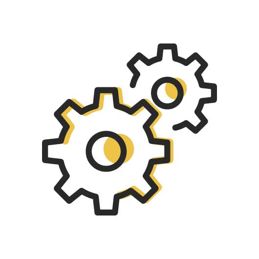 Icon für System-Integration Icon für Integration des Tools vom SUMM AI in bestehende Systeme: zwei stilisierte Zahnräder in den Unternehmensfarben weiß, schwar, gelb, die ineinandergreifen.