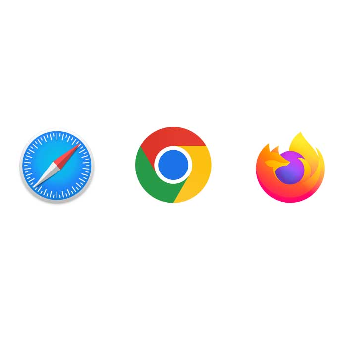Logos der Webbrowser Safari, Google Chrome und Firefox. Die kreisförmigen Logos der Webbrowser Safari, Google Chrome und Firefox.