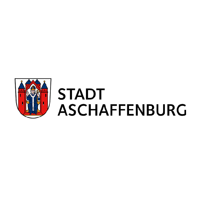 Stadtwappen-Logo von Aschaffenburg. Es zeigt eine Burg mit zwei Seitentürmen und einen in der Mitte stehenden Bischof.