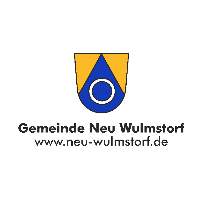 Logo der Gemeinde Neu Wulmstorf. Es zeigt einen goldenen Schild, auf dem sich eine nach oben gerichtete blaue Spitze befindet, die mit einem silbernen Ring belegt ist.