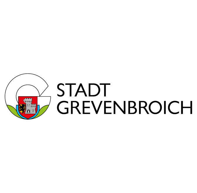 Logo der Stadt Grevenbroich mit integriertem Stadt-Wappen, das eine stilisierte Burg mit Wehrturm zeigt, daneben ein Schild einem schwarzen Löwen.