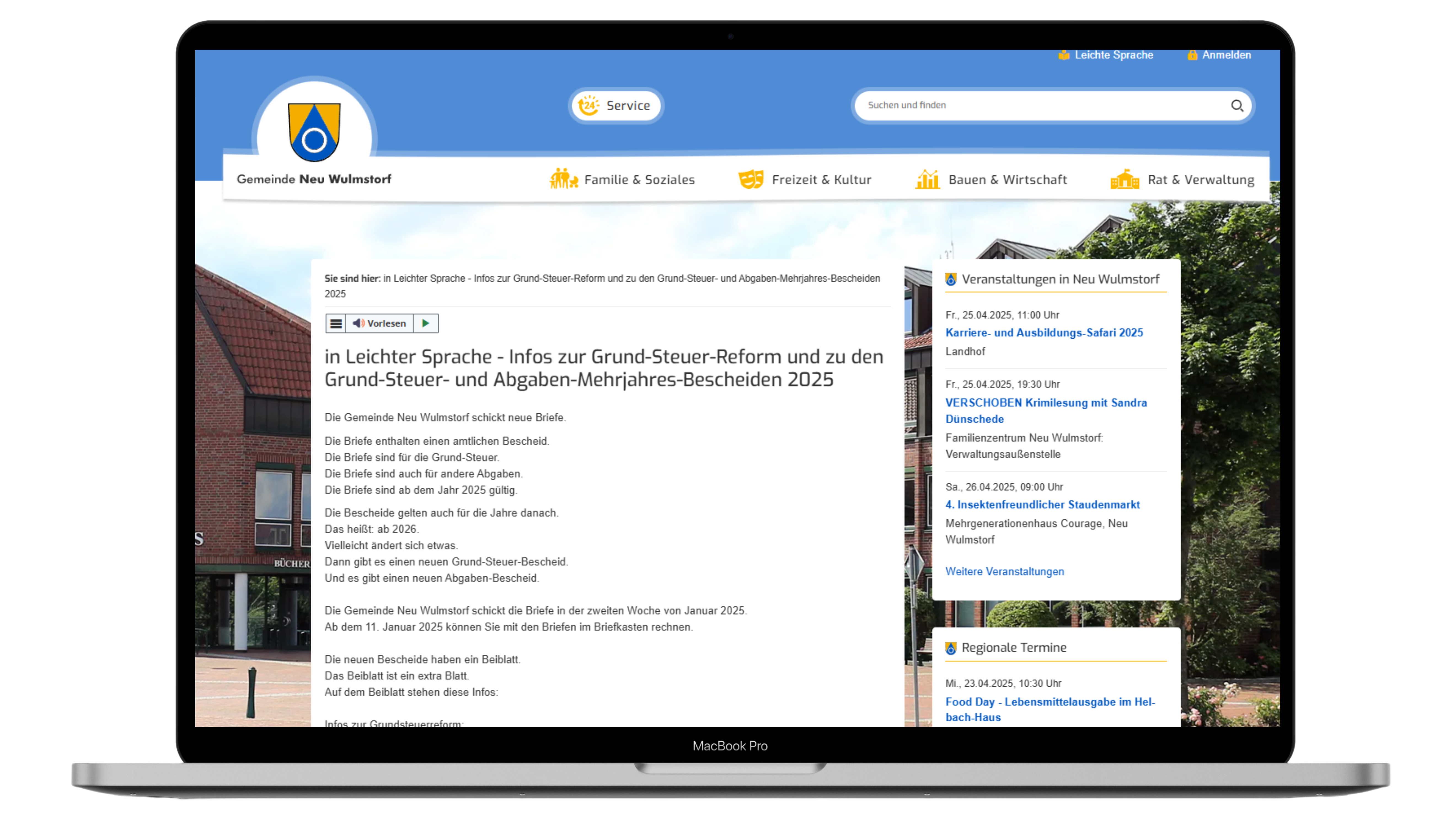Hier sehen Sie einen Text in Leichter Sprache von der Webseite der Gemeinde Neu Wulmstorf. Es handelt sich um ein Beiblatt zur Grundsteuerreform.