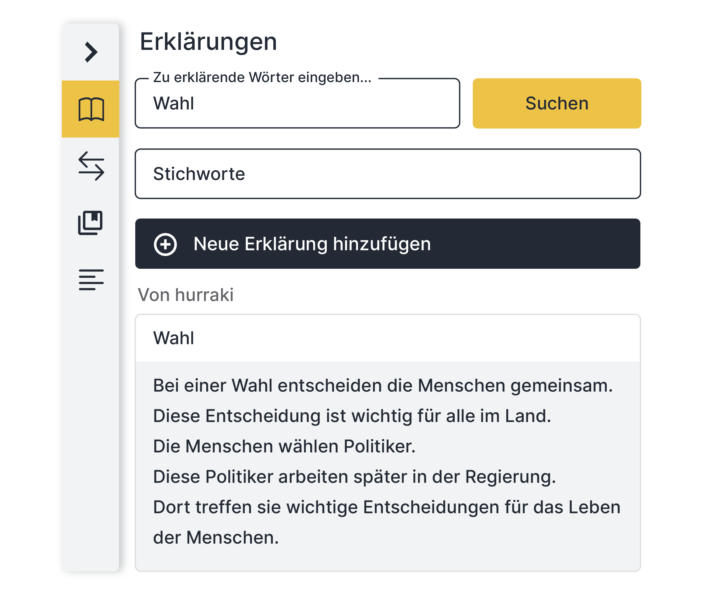 Untitled-2-16 Ausschnitt der Benutzeroberfläche des Tools von SUMM AI: Die Erklärungsfunktion mit einem Vorschlag zum Begriff 'Wahl'.