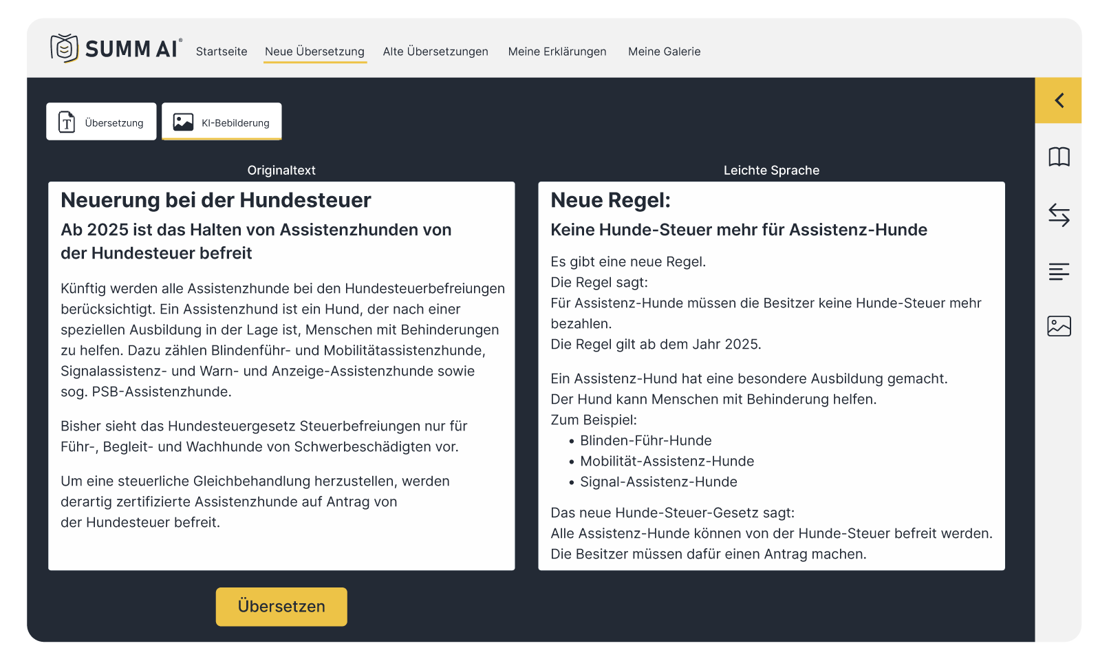 Screenshot der Web-Oberfläche des SUMM AI KI-Tools mit zwei nebeneinanderstehenden Textfeldern für den Originaltext und die vereinfachter Version in Leichter Sprache.