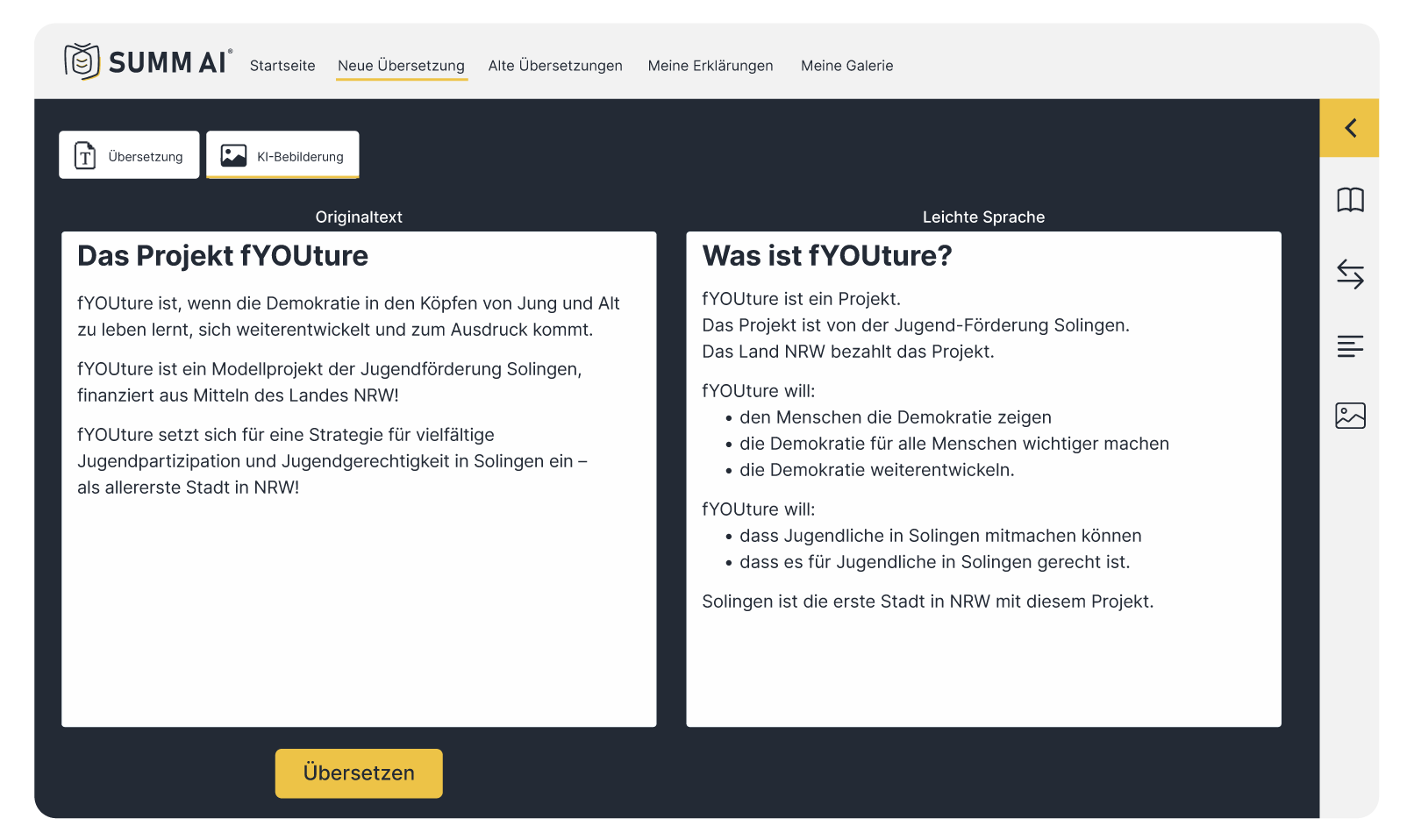 Die Benutzeroberfläche des Tools von SUMM AI mit dem Originaltext auf der linken und der Übersetzung in Leichte Sprache auf der rechten Seite. Übersetzt wurde ein Text mit der Überschrift "Beschreibung der Leistung"