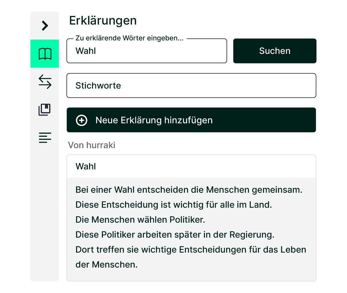 Excerpt from the user interface of the SUMM AI tool: The explanation function with a suggestion for the term “choice”.