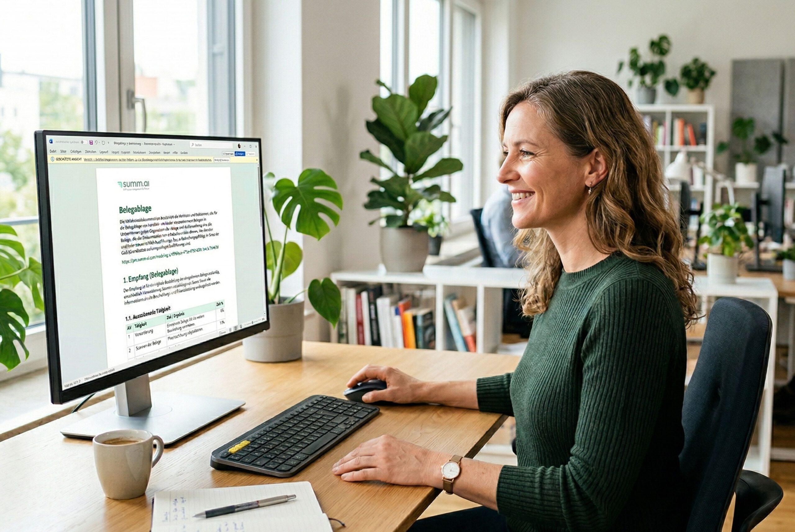 Drei Personen stehen vor einer hellen Wand, alle tragen blaue T-Shirts mit dem weißen Logo und Schriftzug „SUMM AI“. Links eine Frau mit langen, glatten blonden Haaren, die die Arme vor der Brust verschränkt hat und leicht lächelt. In der Mitte eine Frau mit langen, lockigen braunen Haaren, die die Hände in die Hosentaschen gesteckt hat und freundlich lächelt. Rechts ein Mann mit kurzem, hellbraunem Haar, der ebenfalls die Arme verschränkt hat und lächelt. Alle tragen helle Jeans und wirken entspannt und selbstbewusst.